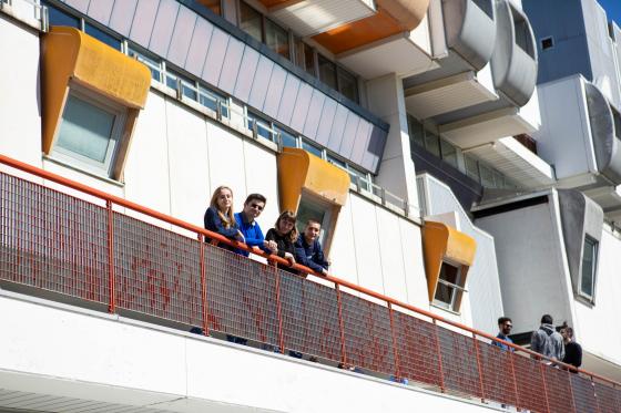 Students on one of the terraces of the physics department