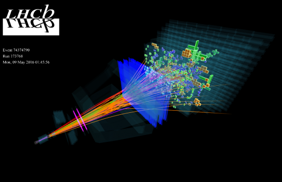 A typical LHCb event fully reconstructed during data taking